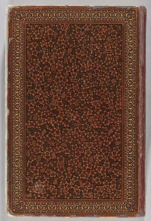 Front cover of lacquered binding with central black and orange floral designs and illuminated florals and scroll frame.